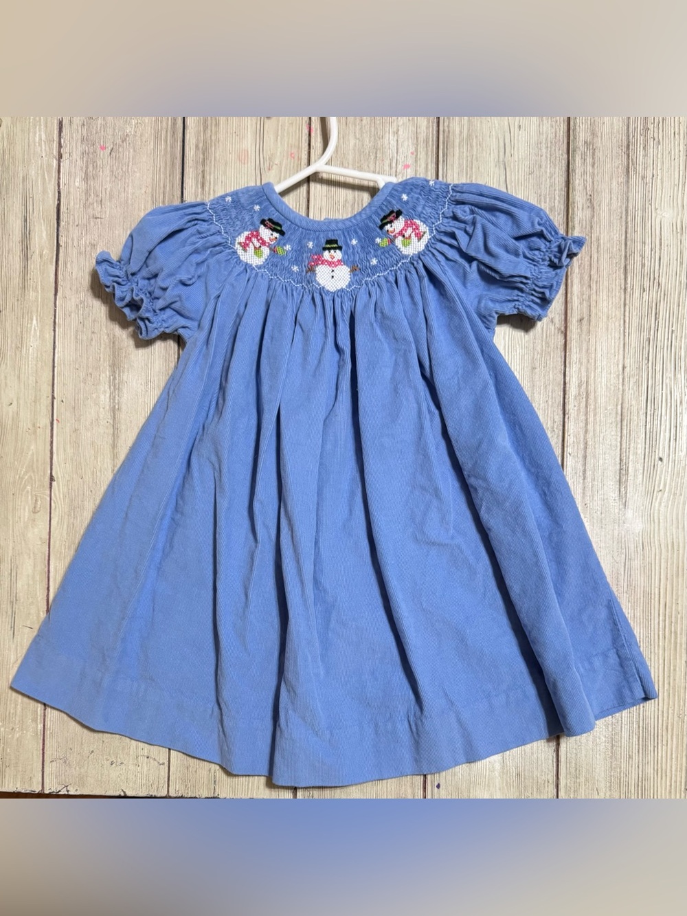 Be Mine smocked snowman blue fine cord dress 18m baby girl boutique Christmas